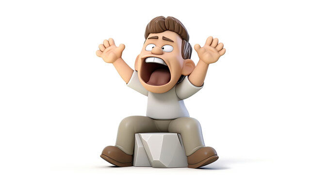 3D cartoon render of a screaming man, on white background