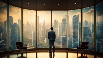 Fototapeta na wymiar Businessman at office room in windows of skyscrape. Generative AI