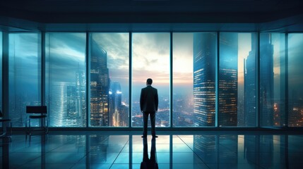 Fototapeta na wymiar Businessman at office room in windows of skyscrape. Generative AI