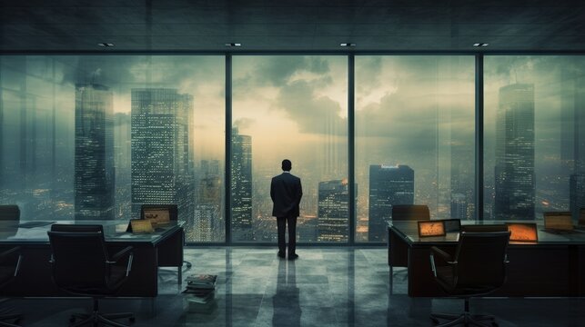Businessman at office room in windows of skyscrape. Generative AI