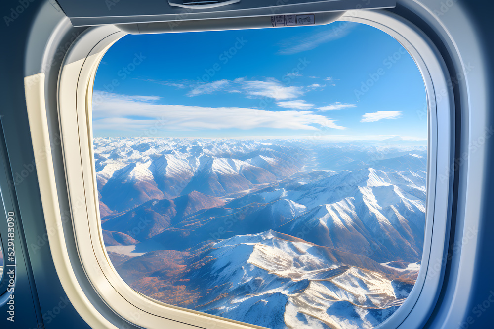 Wall mural daytime view of mountains from above from airplane window ai generated art