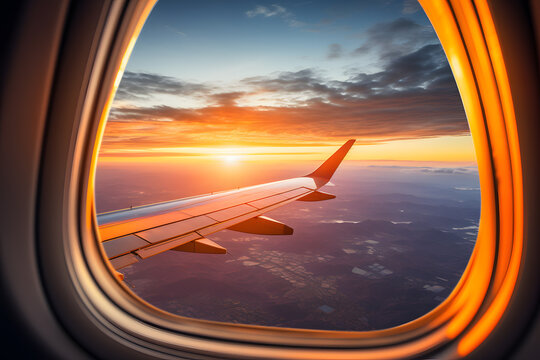 Fototapeta view from airplane window over city 