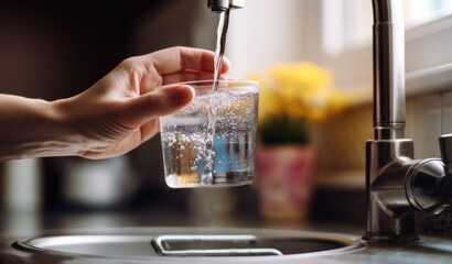 pour water into a glass from the tap. Clean drinking water: filling a glass cup from a kitchen faucet.  © Margo Alexa