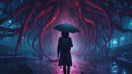 horror concept of my stery woman holding the umbrella.Generative AI.