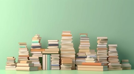 Many books on a wooden table and a pastel green backgr.Generative AI.