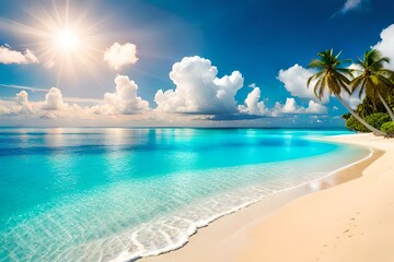 Fototapeta na wymiar Beautiful tropical beach with white sand, turquoise ocean on background blue sky with clouds on sunny summer day. Palm tree leaned over water