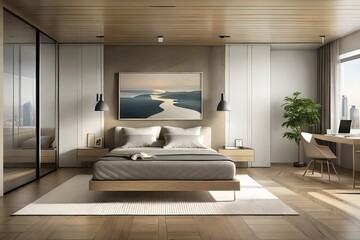 Fototapeta na wymiar Interior of a cozy modern bedroom in light brown
