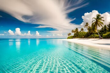 Obraz premium Beautiful tropical beach with white sand, turquoise ocean on background blue sky with clouds on sunny summer day. Palm tree leaned over water