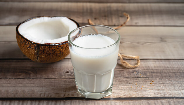 Vegan lactose free milk. Coconut milk in powder and dissolved with water in glass on a wooden background, vertical