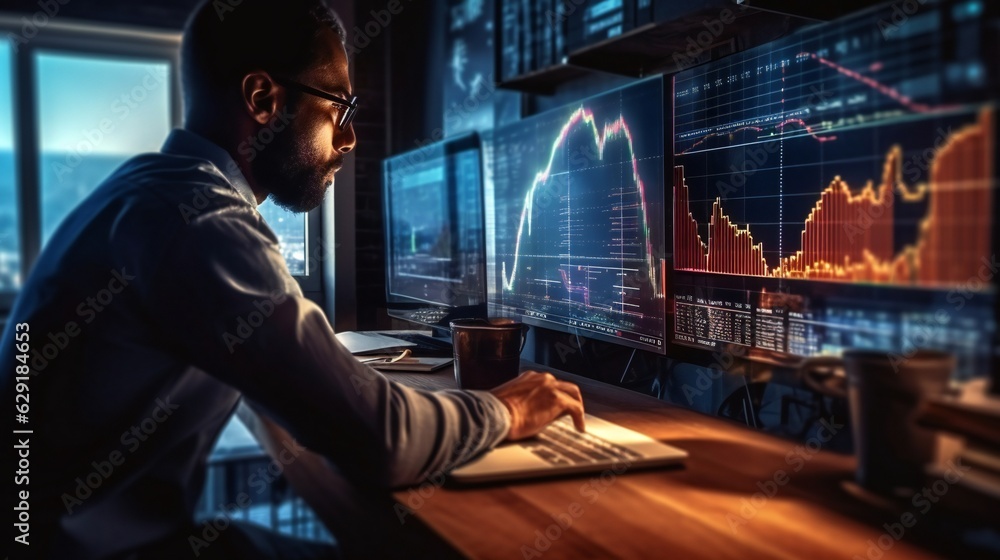 Poster a solitary trader studies stock market graphs on expansive multi monitor workstations, employing mob
