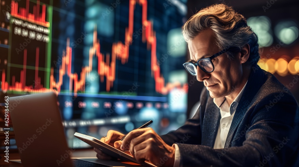 Poster a solitary trader studies stock market graphs on expansive multi monitor workstations, employing mob