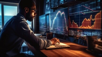 A solitary trader studies stock market graphs on expansive multi monitor workstations, employing mobile app analytics for cryptocurrency and investment growth chart analysis. AI Generative. - obrazy, fototapety, plakaty