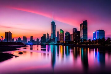 Fototapeta na wymiar city skyline at sunset generated by AI 