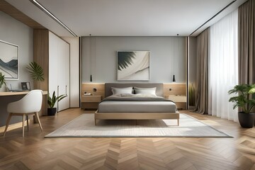 Naklejka na ściany i meble Interior of a cozy modern bedroom in light brown