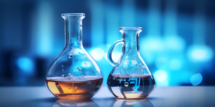 chemical liquid in Round bottom flasks on the lab table with bokeh background