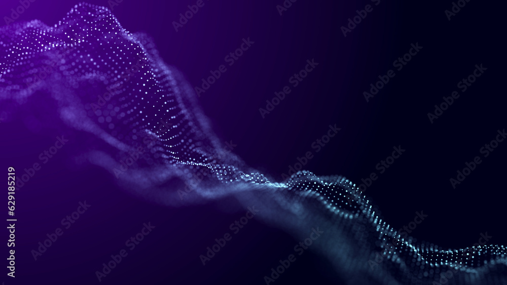 Poster Digital technology. Futuristic background of glowing particles in motion. Large amount of data. 3D rendering.