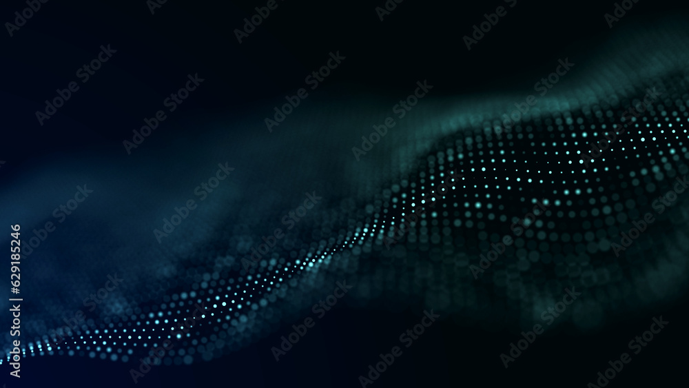 Poster Digital technology. Futuristic background of glowing particles in motion. Large amount of data. 3D rendering.