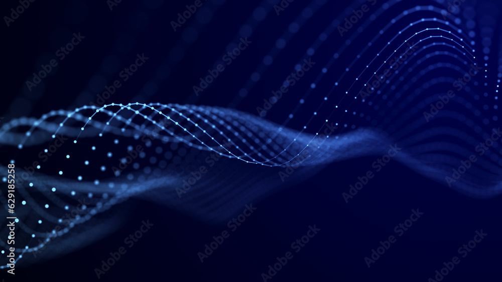 Poster Wave of dots and weave lines. Abstract background. Network connection structure.
