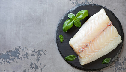 Fresh raw cod fillet with basil on a stone plate, horizontal, copy space, top view