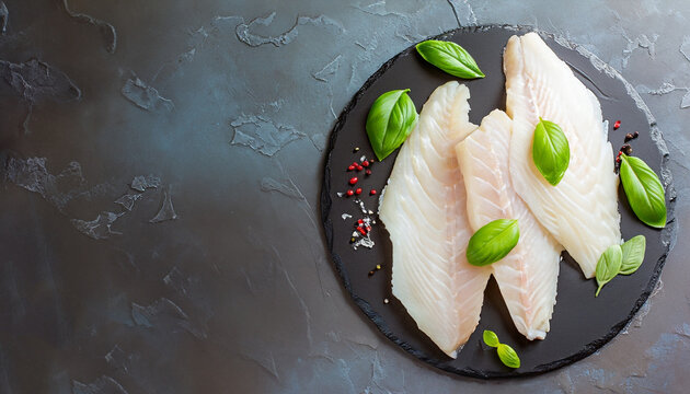Fresh raw cod fillet with basil on a stone plate, horizontal, copy space, top view