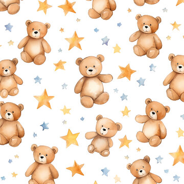 pattern samples repetitive cute owls, teddy bear, stars, moon,pink unicorn, balloons and soap bubbles,isolated generative ai