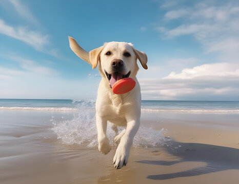 labrador dog with sunglasses on beach running after disk generative ai