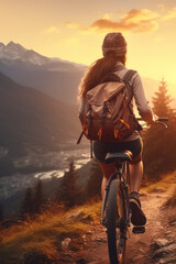Woman tourist on a cyclist with a tourist backpack rides in the mountains, tourism, travel, rear view