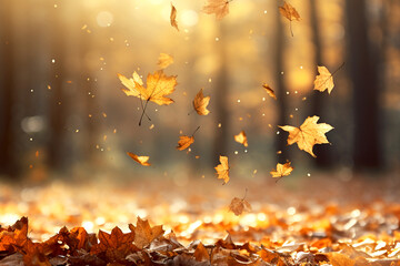 Naklejka na ściany i meble Falling autumn leaves on the ground