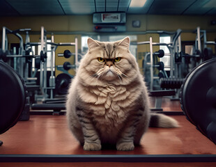 fat angry kitty cat in gym or in front of junk food in restaurant, hamburger fried potatoes generative ai 
