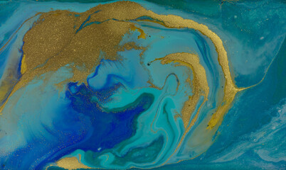 Obraz na płótnie Canvas Golden and Green Wave Veins on Blue Marble Background.