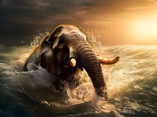 elephant in sea ocean depth, around water waves, sunset apocalyptic sky generative ai