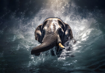 elephant in sea ocean depth, around water waves, sunset apocalyptic sky generative ai
