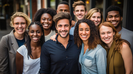 A diverse group of migrants from different cultures and backgrounds, embracing unity 