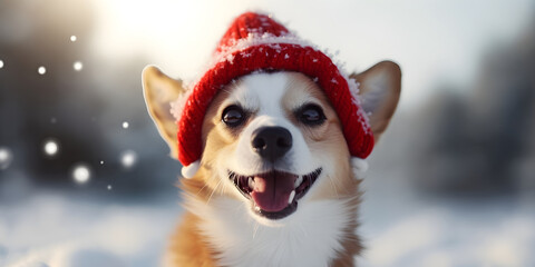 Cute dog with red bobble hat in snowy winter landscape