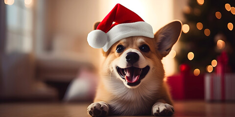 cute welsh corgi dog with santa hat on Christmas background