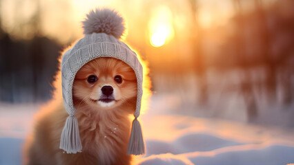Cute pomeranian dog in winter hat and scarf outdoors.