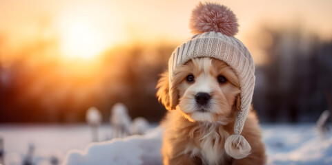 Cute puppy dog with bobble hat and scarf in snowy winter landscape at golden hour