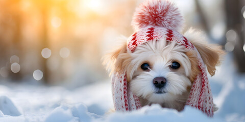 Cute little dog in winter hat and scarf on snow background.