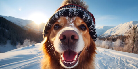 Funny selfie of a happy dog with winter hat in snow and wintery mountain background
