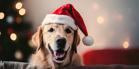 Cute Golden Retriever dog in Santa hat on Christmas background