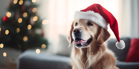 Golden retriever dog in santa hat on christmas tree background