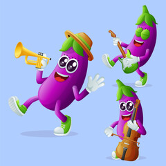 Cute eggplant characters playing musical instruments