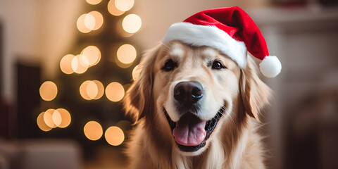 Cute golden retriever dog wearing santa hat on christmas background