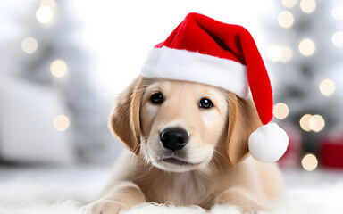 Cute dog in Santa hat on Christmas background, close-up