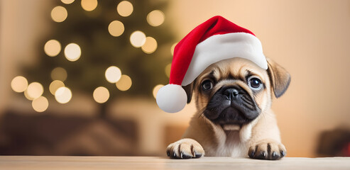 Pug puppy with christmas hat on bokeh background.