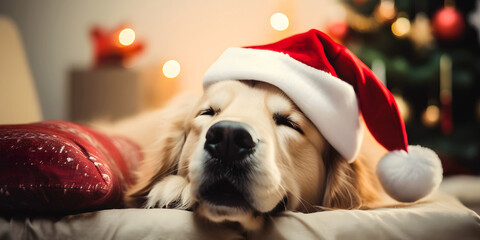 Cute Golden Retriever in Santa Claus hat lying on bed at Christmas night