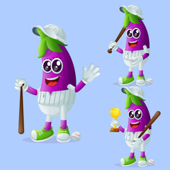 Cute eggplant characters playing baseball
