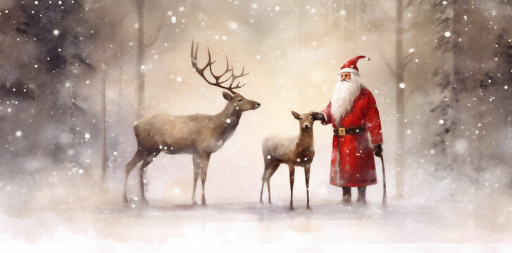 vintage card snow santa christmas greeting claus reindeer illustration sleigh. Generative AI.