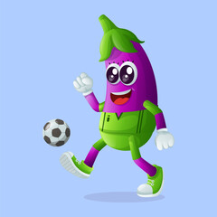 Cute eggplant character playing soccer