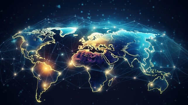 connectivity to a global network. e-commerce, digital connection technology, the world map notion of global business, and big data analytics and business, generative ai